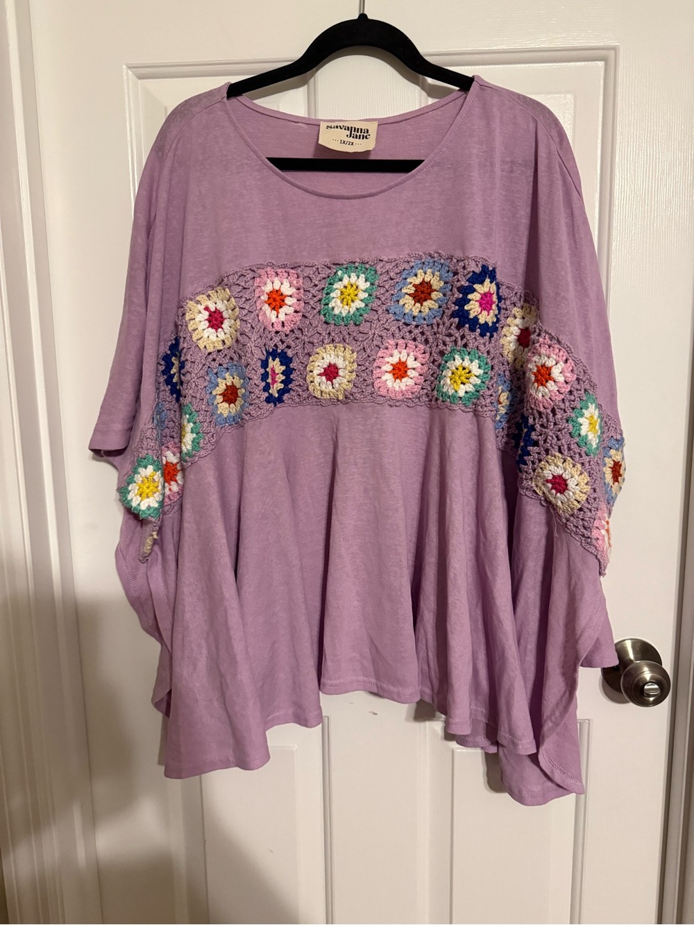 Savanna Jane Plus 1X/2X Lilac Granny Square Crochet Yoke Poncho Top Boho